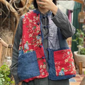 Johnature Women Vintage Patchwrok Cotton Print Flowers Vests Chinese Style Sleeveless Coats V-Neck Spring Pockets Vests 210521