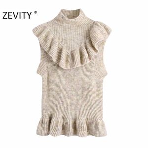 Women Fashion Turtleneck Collar Cascading Ruffle Knitting Sweater Lady Sleeveless Casual Chic Vest Pullover Tops S449 210420