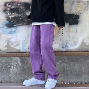 Japanska män Jeans Mode Lila Grön Lös Rak Vintage Casual Streetwear Skateboard Dans Denim Cargo Baggy Byxor 211108