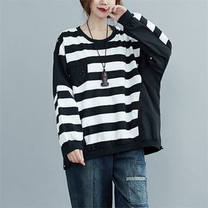 Vårhöst Korea Mode Kvinnor Batwing Sleeve Loose Hoodies All-Matched Casual Bomull Striped Pullovers Stor Storlek M651 210512