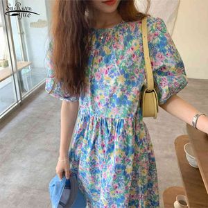 Women Summer Dress Sweet Oil Panting Flower Long High Waist Puff Sleeve Pleat es Woman Pullover Clothing 14540 210521