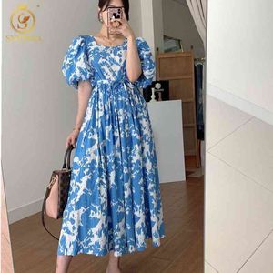 Fashion Vintage Ink Print Lace-Up Dress Women's Puff Short Sleeves Korean Chic Loose Dresses Vestidos 210520