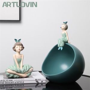 Artlovin Modern Bowknot Girl Figurines Nordic Character Siffror Round Ball Förvaring Box Bubbelgummi Flickor Skulptur Grön Färg 210811