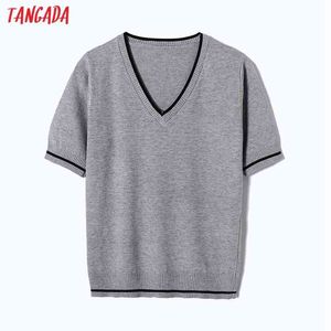 Women Fashion Elegant Basic V Neck Knitted Sweater Jumper Short Sleeve Summer Chic Tops 6H30 210416