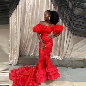 Red Aso Ebi Sukienka 2021 Dla Czarnych Dziewczyn Off Ramię Cekinowe Aplikacje Syrenki Suknie Wieczorowe Afryki Kobiety Party Suknie