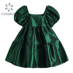 Vintage Green Satin Mini Dress Women Short Puff Sleeve Ladies Princess Party Fluffy Square Collar Elegant French Dress Female 210417