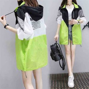 Women Clothes Plus Size Trench Coat Spring Summer Hooded Medium Long Coats Womens Patchwork Colot Streetwear Thin Outwear 210525