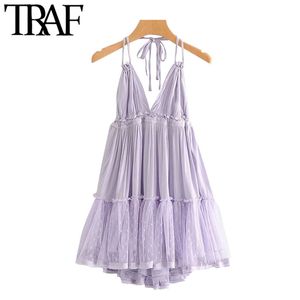 TRAF Женщины шикарные моды лоскутное сетка плиссированные мини-платья старинные ремни без спинки привязанные летом пляжные женские платья 210415