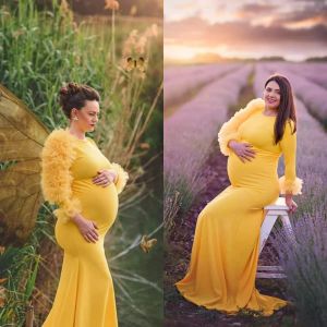 Yellow Mermaid Evening Dresses Veet Jewel Neck Long Sleeves Ruffles Preagant Sweep Train Prom Party Ball Gown Vestido Custom Made Plus Size 403