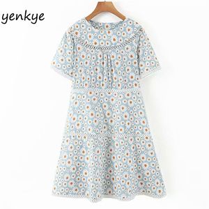 Vintage Daisy Print Dress Women Lace Trims O Neck Short Sleeve Holiday Summer A-line Casual Beach Boho Plus Size 210514