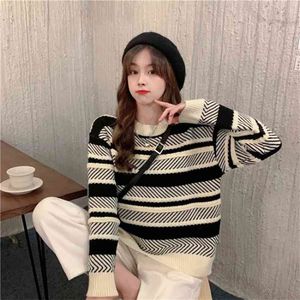 Plus Size Damska Fall / Winter Fat Siostra MM Koreański Paski Loose Slim Sweter Retro Leniwy koszula z długim rękawem GX1355 210507