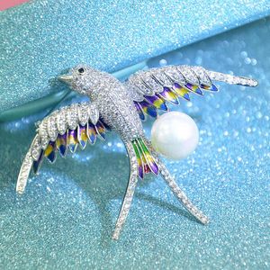 Korean version color dripping oil cute little swallow brooch high-grade micro-inlaid zircon pin natural freshwater pearl corsage