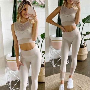 Kobiety Seamless Yoga Zestaw Fitness Garnitury Sportowe Gym Odzież Odzież Wysokiej Talii Legginsy + Sport Bra 2 sztuka 210802