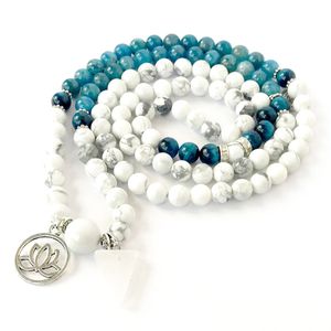 MG0992 Yeni Tasarım Budist Mala Bilezik Meditasyon Yoga 108 Mala Lotus Charm Bilezik 6mm Howlite Apatite Gemstone Takı