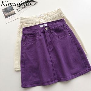 Kimutomo Korean Ins Purple Denim Spódnica Lato Kobiety Hong Kong Wiatr A-Line High-Paisted Kieszenie Mini Spódnica Casual 210521