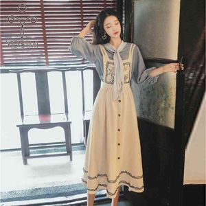 YOSIMI Spring Summer 2 Piece Outfits Sets Suit Blue Shirt Blouse and Embroidery Strapless Dress Mid-calf Skirt Top Set 210604