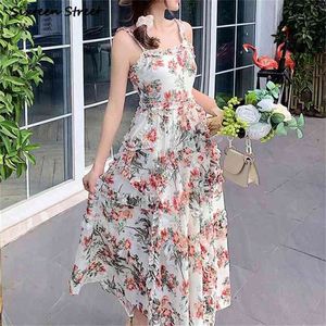 Vintage Strap klänning kvinna sommar hög midja blommig tryckta maxi vestido es bana elegant party kvinnlig 210603