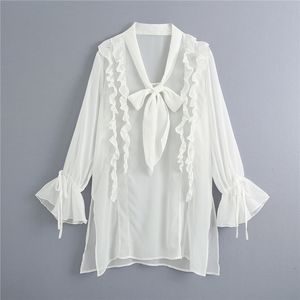 BLSQR Women Sweet White Chiffon Blouses Fashion Bow Tie Collar Flare Sleeve Female Shirts Chic Ruffles Tops 210430