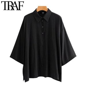 TRAF Moda Moda Oversized Button-Up Blusas Acolhedor Vintage Three Quarter Sleeve Lateral Feminino Camisas Chique Tops 210715