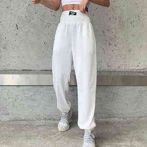 Sexy alta cintura solta lã calça de moletom com bolso 2021 outono inverno preto branco corredores folguros mulheres sweatpants y2k calças quentes y211115