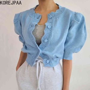 Women Sweater Summer Korean Chic Girl Temperament Lace Round Neck Lloose Single-Breasted Puff Sleeve Knit Cardigan 210514