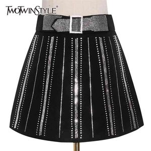 Mini Patchwork Listrado Saia Diamante Para Mulheres Cintura Alta Bodycon Saias Feminino Moda Roupas Verão 210521