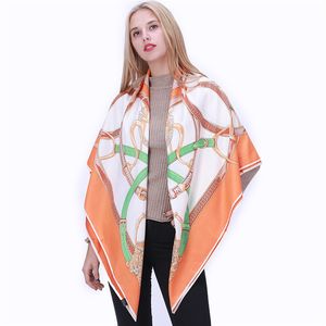 POBING 100% Silk Scarf Designer Kerchief Belt Print Women Square Scarves&Wraps Spain Chain Pattern Lady Foulard Accessory