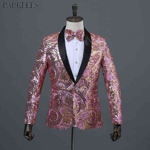 Shiny Floral Sequin Paillette Shawl Lapel One Button Suit Blazer Men Nightclub Wedding Stage Prom DJ Suit Blazer With Bow Tie 210522