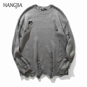 Yıkama Delik Yırtık Örgü Kazak Erkek Kadın Streetwear Hip Hop Kazaklar Jumper Moda Boy Tüm Maç Erkekler Kış Giysileri 210818