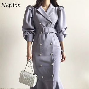 French Notched Collar Chic Pearl Button Ladies Dress Puff Sleeve High Waist Vestidos Women A-line Solid Color Dresses 210422