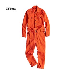 Rote Overallhose großhandel-Herrenhose Zyyong Revers Langarm Orange Red Overall Hip Hop Casual Lose Multasche Overalls Komfortable Hose