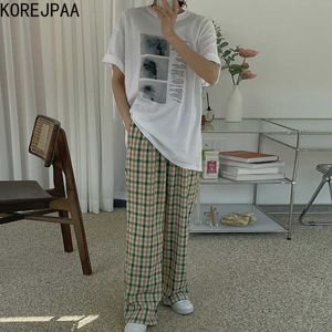 Korejpaa Women Sets Summer Korean Chic Bear Print Loose Short-Sleeved T-Shirt High Waist Plaid Straight Wide-Leg Trousers 210526