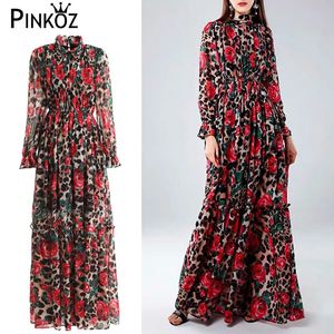 Wiosna Moda Runway Maxi Dress Damska Z Długim Rękawem Vintage Wielopięciowy Tulipan Leopard Kwiatowy Drukowane Vestidos 210421