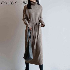 SHIJIA New Turtleneck Knit Woman Dress Autumn Winter Woolen Elegant Full-sleeve Loose Long Sweater Dress Female 2021 Chic Y1204