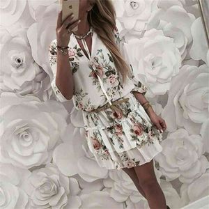 Mulheres Dress Vintage Envoltório Vintage Verão V-Neck Boho Floral Impressão Elegante Senhoras Férias Beach Mini Sundress Plus Size Ruffles Roupas 210522