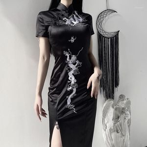 カジュアルな黒いドラゴン刺繍ゴシックドレス原宿スプライス秋の美的ヴィンテージのMidiのドレスCheongsam Hole Chic1 dt