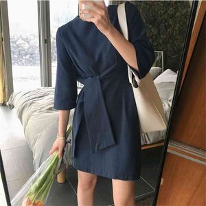 Lace Up Summer Women Dresses Vintage Minimalist Style Elegant Fashionable Solid Wild Lady Mini 210430