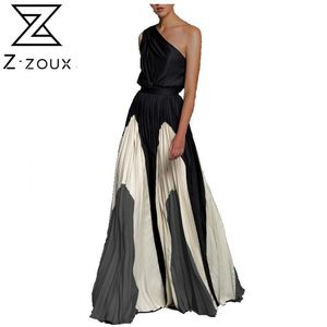Women Dress One Shoulder Color Matching Maxi es High Waisted Long Pleated Bohemian Plus Size Ladies es 210524