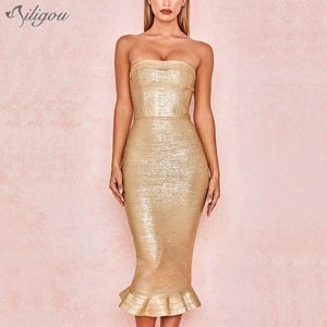 Summer Women's Bandage Bodycon Dress Rayon Sexig Golden Strapless Fishtail Celebrity Party Vestidos 210527