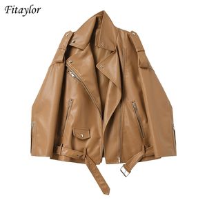 Fitaylor Spring Autumn Faux Leather Jackets Kvinnor Lossa Casual Coat Female Drop-Shoulder Motorcyklar Outwear With Belt 210916