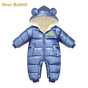 Winter Baby Clothing born Boy Girl Warm Rompers Hooded Jumpsuit Waterproof Snowsuit Plus Velvet Outerwear Coat Clothes 211229