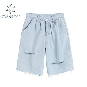 Calças de brim de 5 pontos Mulheres Coreano Streetwear Casual Cintura Alta Verão Azul Solto Calças Retas Rasgado Denim Shorts Senhoras 210515