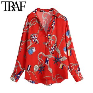 TRAF女性のファッションプリント緩い赤いブラウスヴィンテージ長袖ボタンアップ女性のシャツBlusasシックなトップス210415