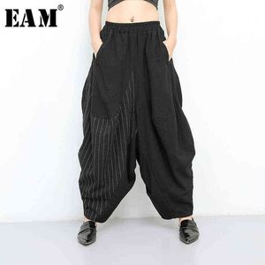 [Eam] Vårhöst Hög elastisk midja Svart Striped Big Pocket Wide Lep Loose Pant Byxor Fashion JT138 211124