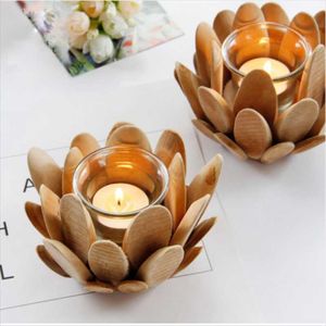 Candle Holders Nordic Wooden Lotus Petal Glass Cup Holder Modern Farmhouse Style Home Room Desktop Candlestick Decoration Ornaments