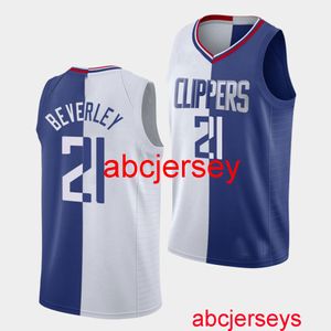 Dikişli Patrick Beverley #21 Split Association Icon Beyaz Blue Jersey Herhangi bir isim numarası ekleyin