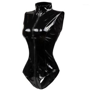 EST Siyah Kasık Fermuar Kolsuz Seksi Spandex Bodysuit Deri Lateks Catsuit PVC Tulum Kadınlar Kısa PU Clubwear Kadın Tulumlar Rompo