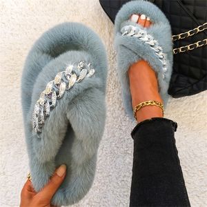 Fluffy Slippers Women Fashion Chain Cross Band Faux Fur Flip Flops Flat Furry Fur Slides Outdoor Sandals Summer House Slippers Y1120