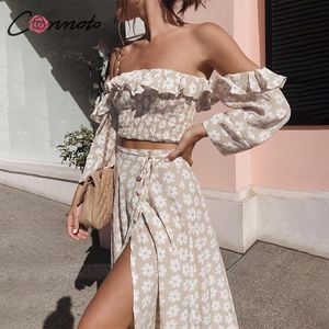 Conmoto Twist Off Shoulder Dress Sukienka Casual Ruffle Beach Summer Women Dress Floral Print Suit Sukienka Vestidos Lace-Up Dress X0521