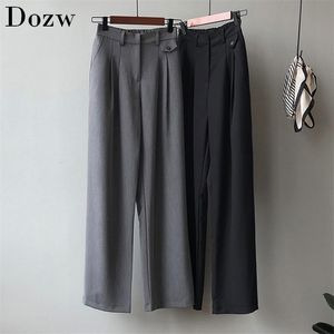 Pantaloni da ufficio da donna in tinta unita Pantaloni a gamba larga Pantaloni lunghi a pieghe a vita alta Pantaloni casual larghi dritti 210515